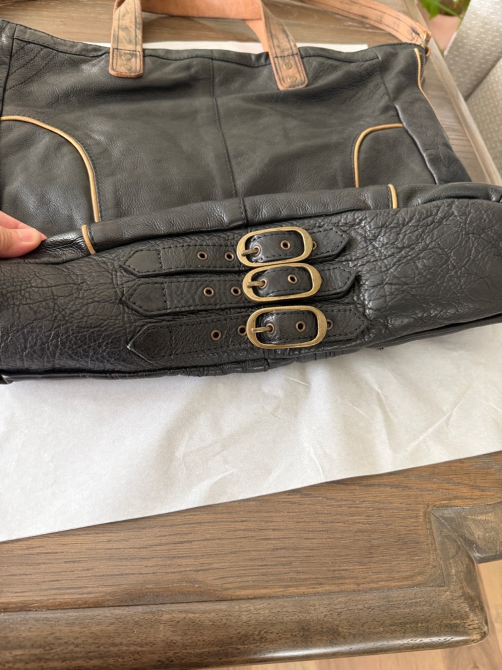 Free People Black Leather Tote with Brown Handles and Brass Accents - Picture 4 of 6